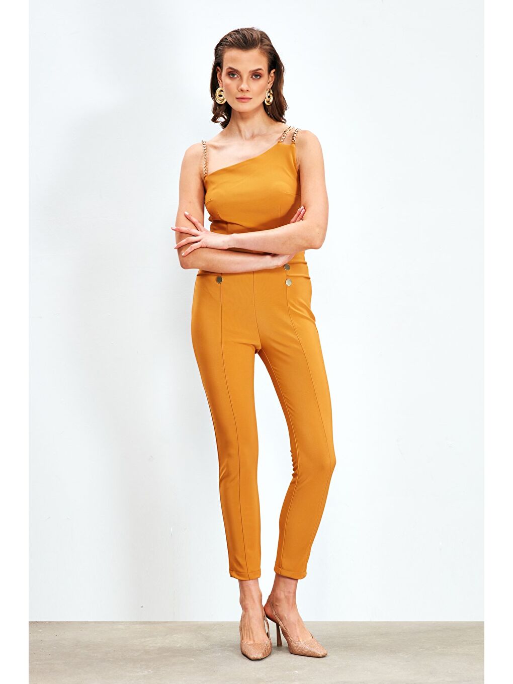 Sarı Düğme Detaylı Pantolon - Hardal-1