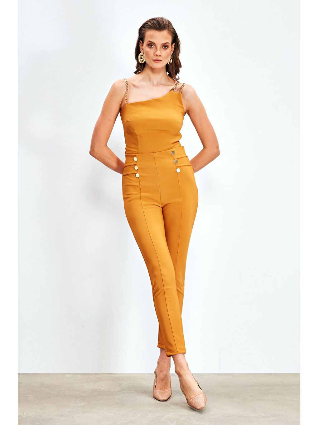 Sarı Düğme Detaylı Pantolon - Hardal-2