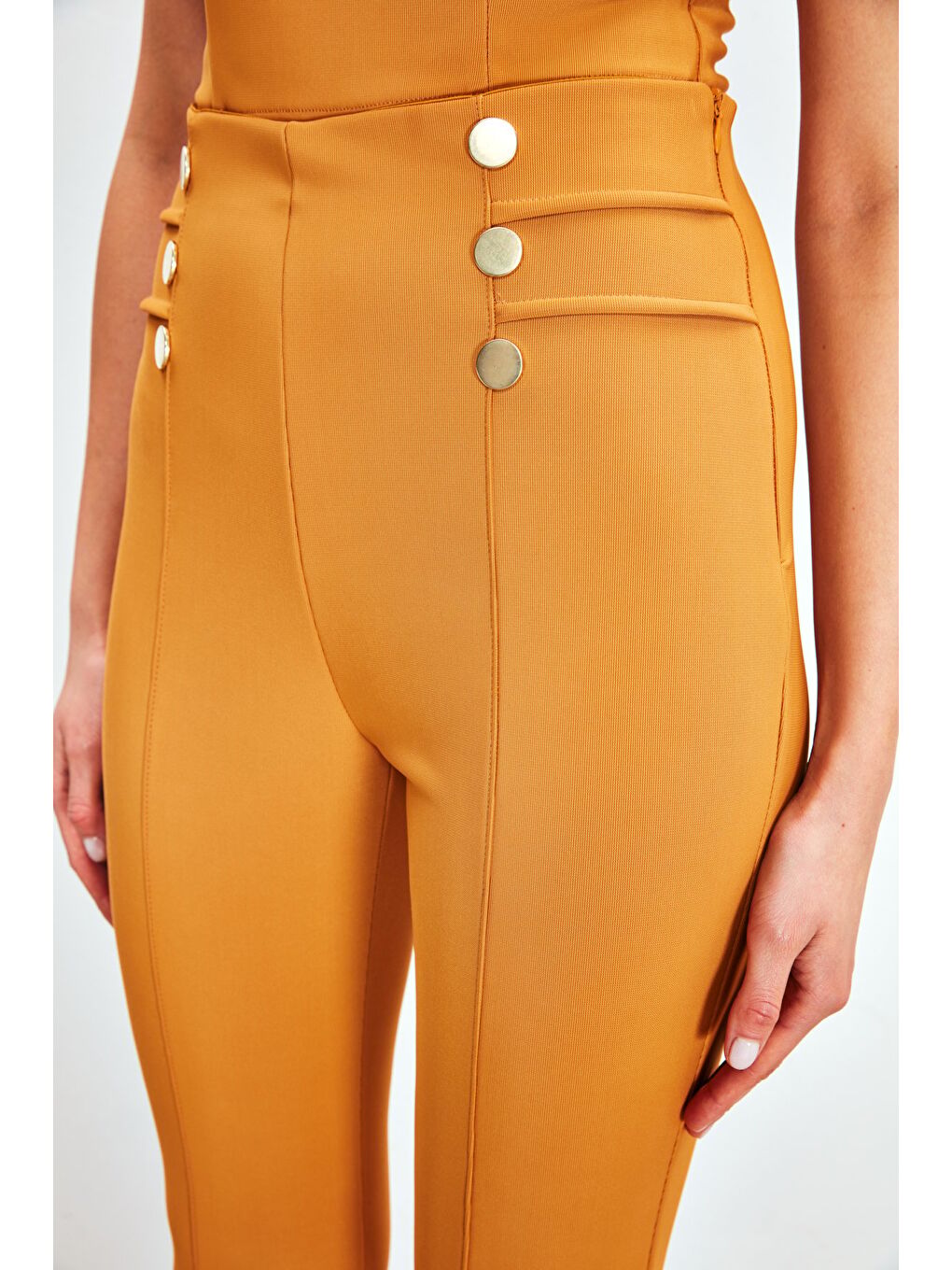 Sarı Düğme Detaylı Pantolon - Hardal-4