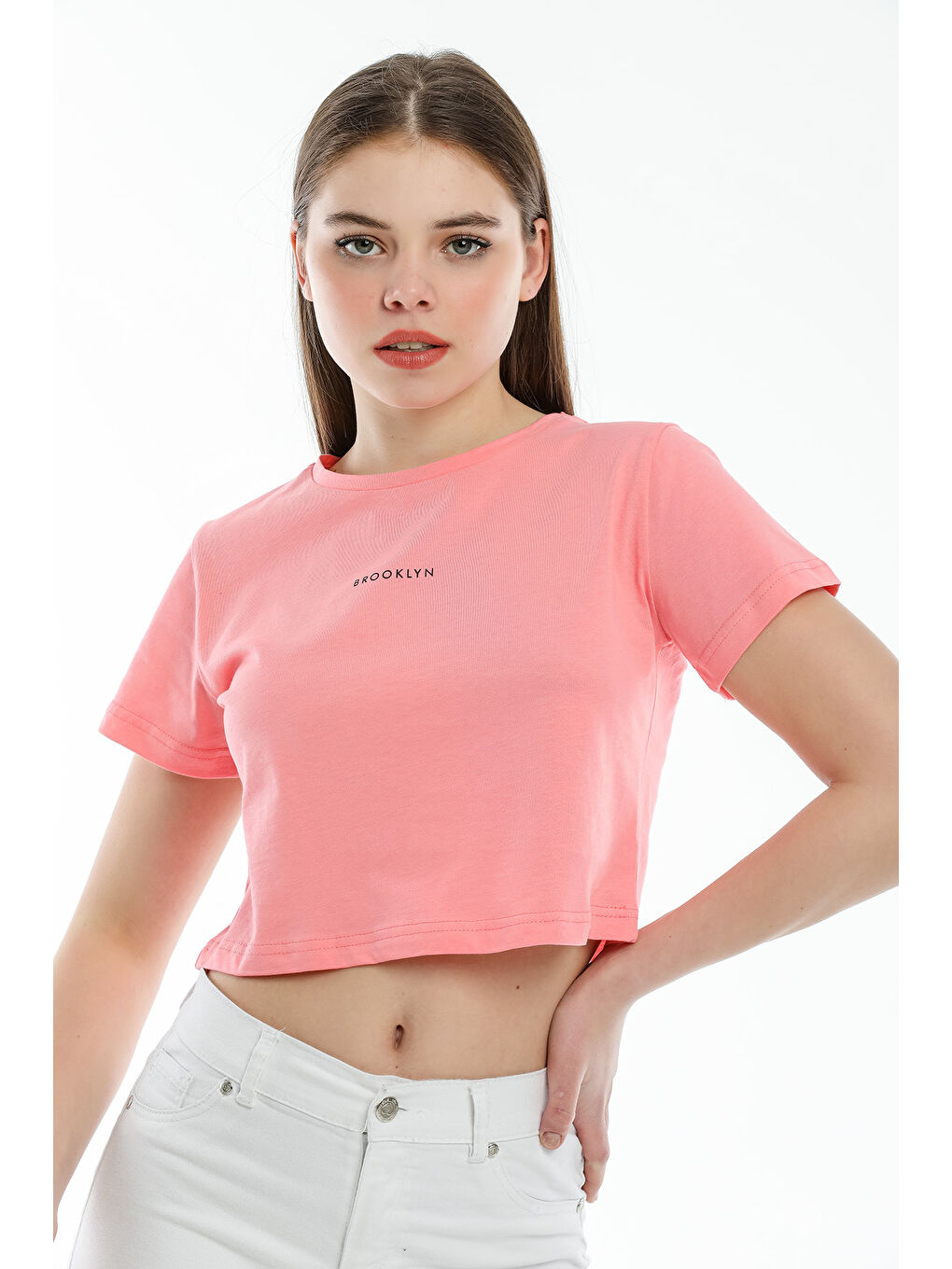 Pembe Kadın Bisiklet Yaka Slim Fit Brookyn Baskılı Tişort SPR21Y14-2