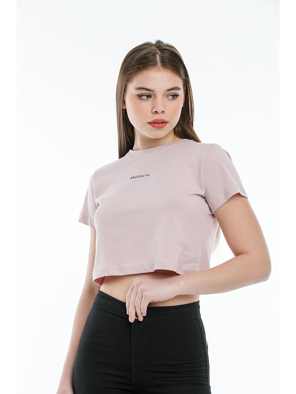 Pembe Kadın Bisiklet Yaka Slim Fit Brookyn Baskılı Tişort SPR21Y14-1