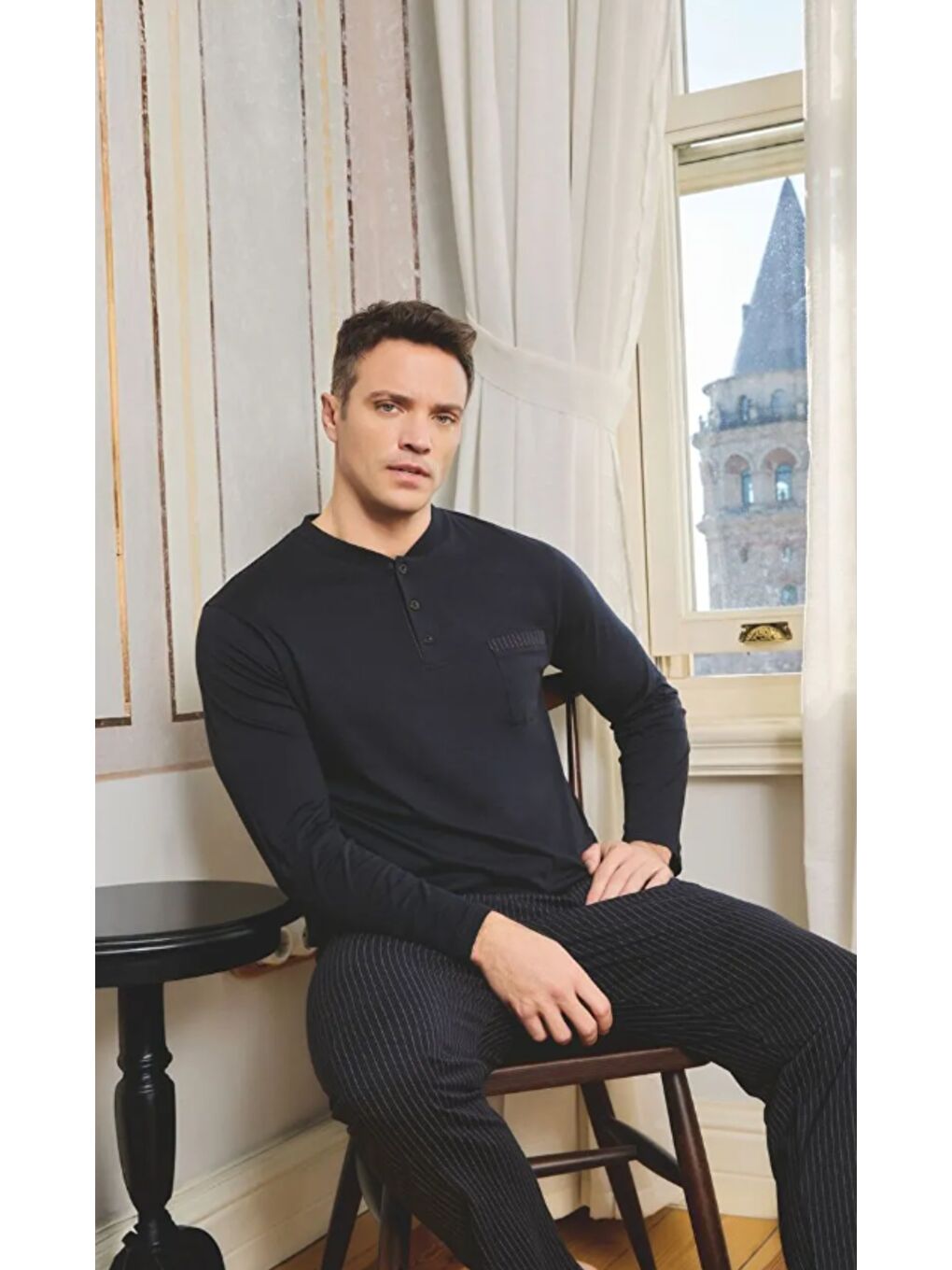 Erkek Siyah %100 Doğal Pamuk Uzun Kollu Yüksek Kaliteli Pijama Takımı