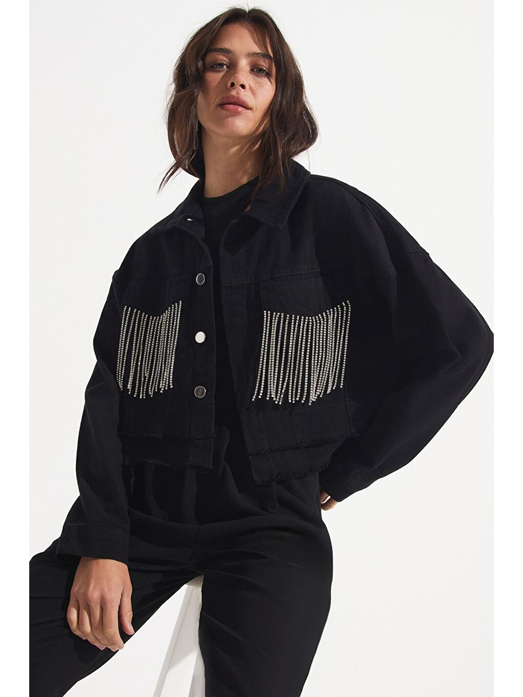 Siyah Püskül Detaylı Jean Ceket-2