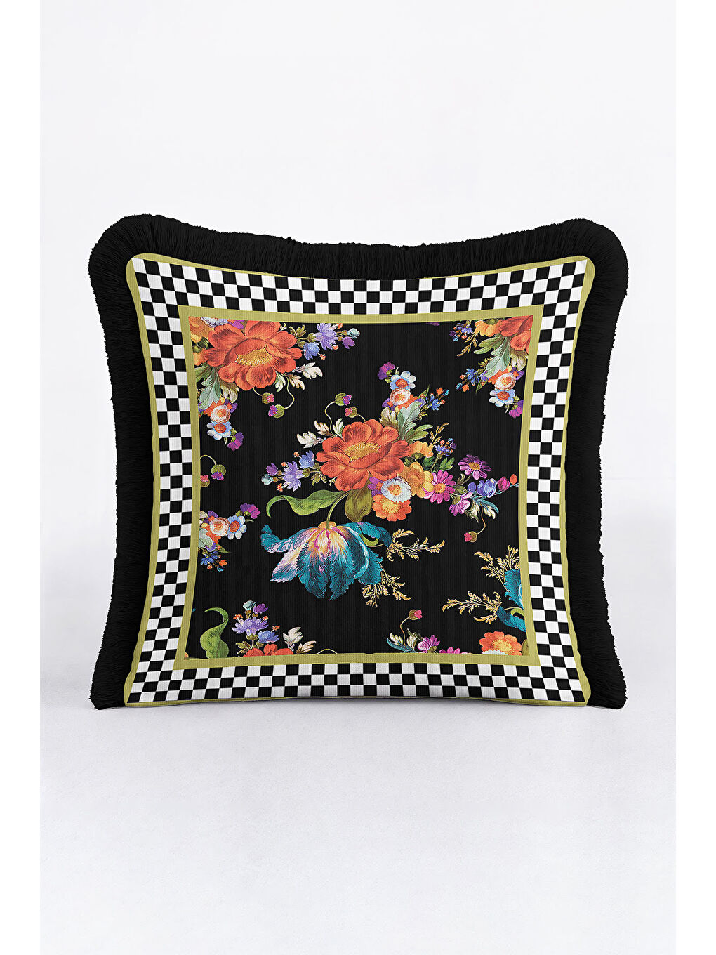 Karışık Lüks Çiçek Motifli Saçaklı Yastık Kılıfı - Barok Stil Siyah Altın Renkli Püsküllü Kırlent Kılıfı-2