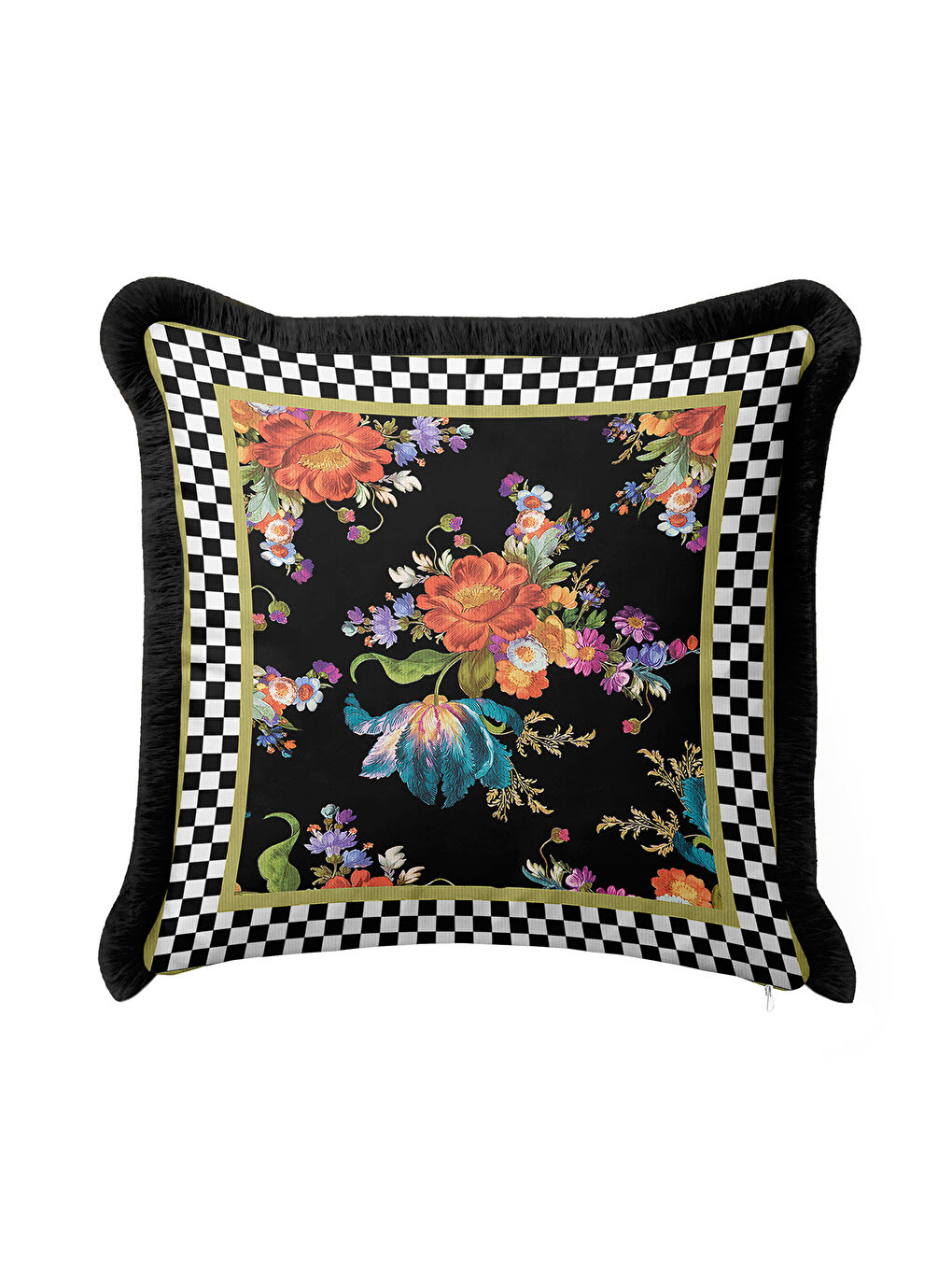 Karışık Lüks Çiçek Motifli Saçaklı Yastık Kılıfı - Barok Stil Siyah Altın Renkli Püsküllü Kırlent Kılıfı-4