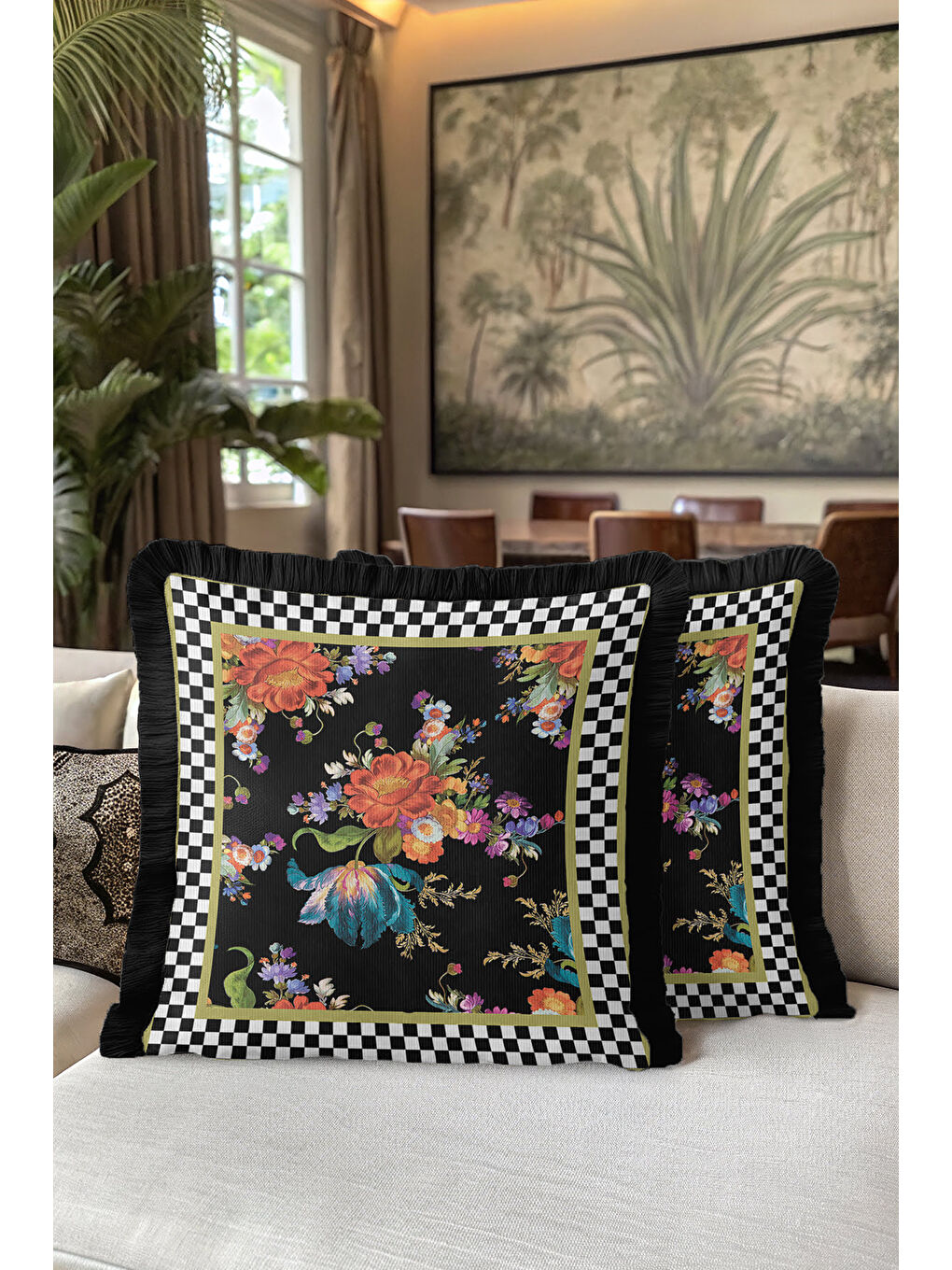Karışık Lüks Çiçek Motifli Saçaklı Yastık Kılıfı - Barok Stil Siyah Altın Renkli Püsküllü Kırlent Kılıfı-5