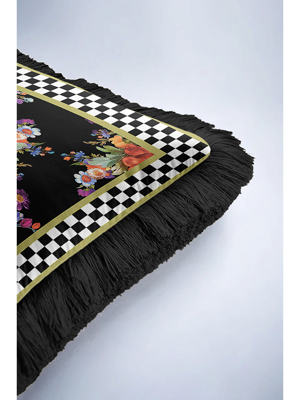 Karışık Lüks Çiçek Motifli Saçaklı Yastık Kılıfı - Barok Stil Siyah Altın Renkli Püsküllü Kırlent Kılıfı-6