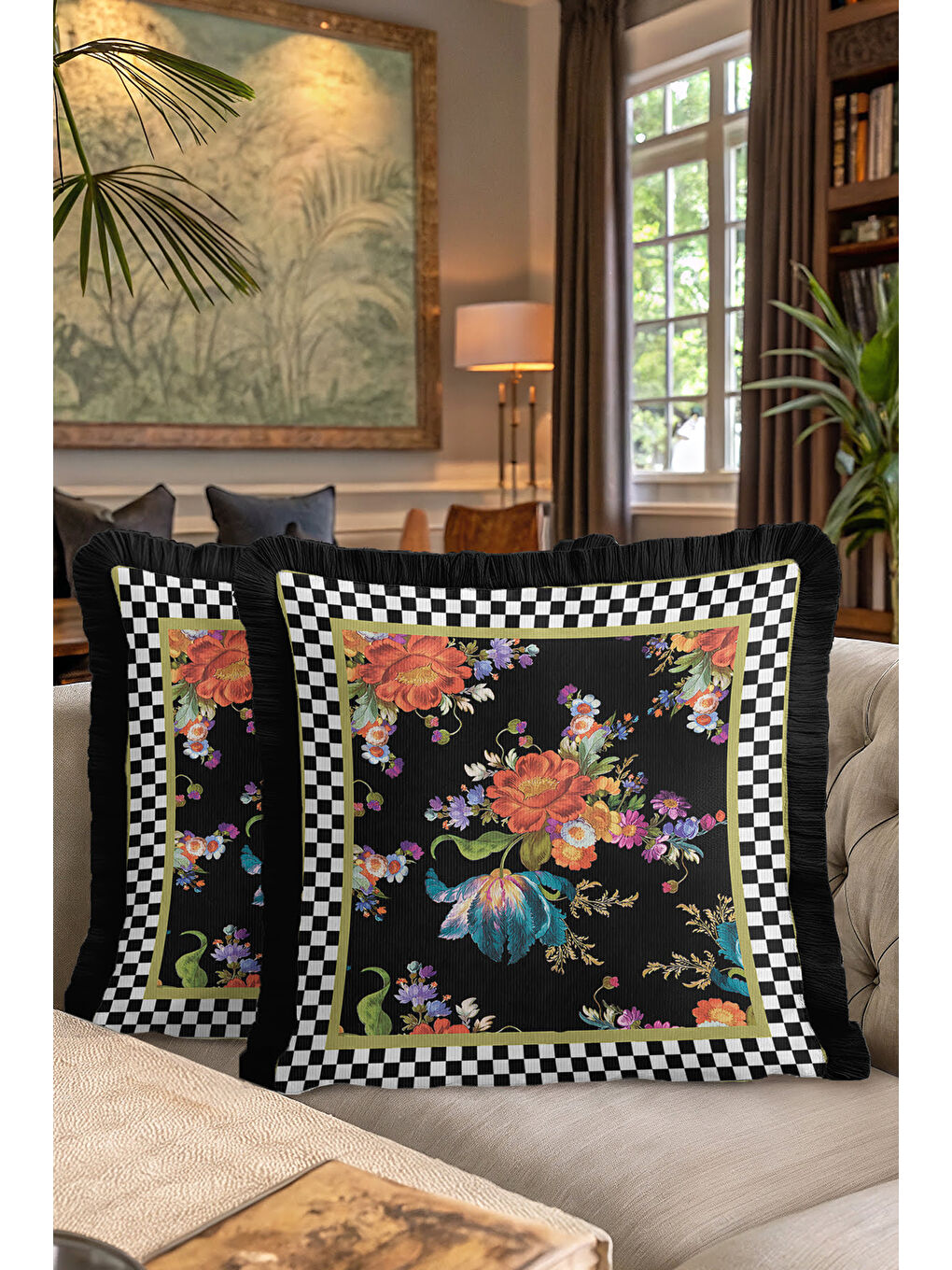 Karışık Lüks Çiçek Motifli Saçaklı Yastık Kılıfı - Barok Stil Siyah Altın Renkli Püsküllü Kırlent Kılıfı-7