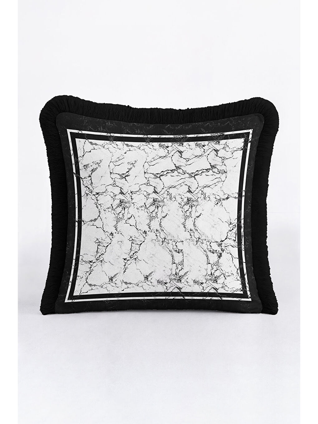 Karışık Lüks Mermer Efektli Saçaklı Yastık Kılıfı - Minimalist Modern Siyah Beyaz Püsküllü Kırlent Kılıfı