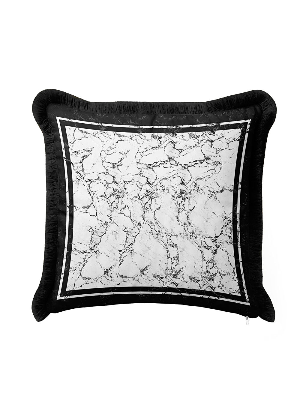 Karışık Lüks Mermer Efektli Saçaklı Yastık Kılıfı - Minimalist Modern Siyah Beyaz Püsküllü Kırlent Kılıfı-1