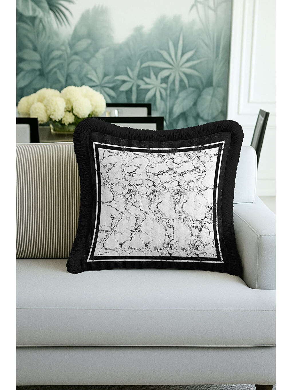 Karışık Lüks Mermer Efektli Saçaklı Yastık Kılıfı - Minimalist Modern Siyah Beyaz Püsküllü Kırlent Kılıfı-2