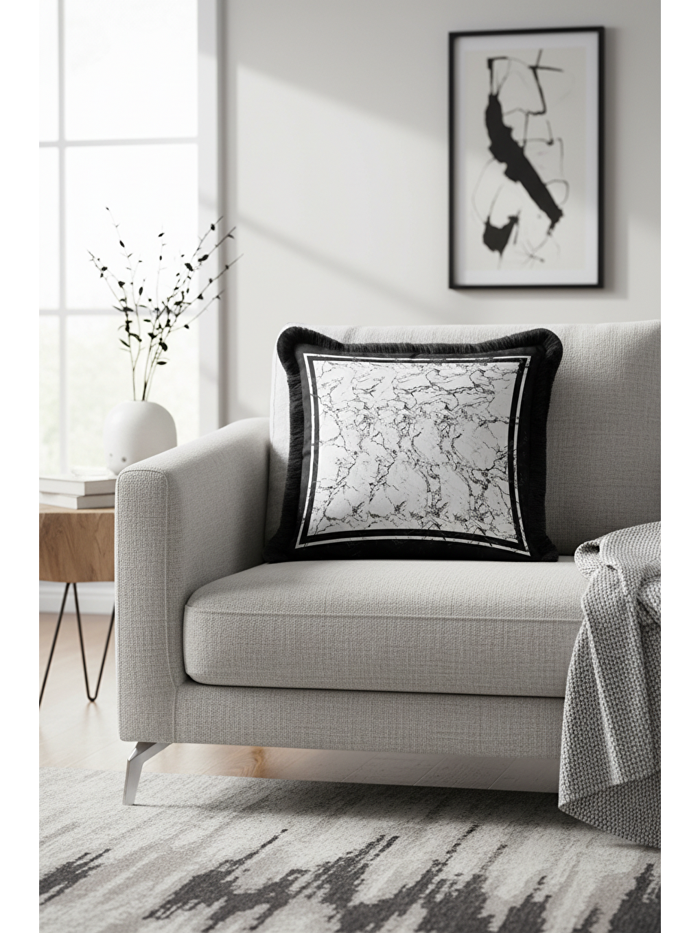 Karışık Lüks Mermer Efektli Saçaklı Yastık Kılıfı - Minimalist Modern Siyah Beyaz Püsküllü Kırlent Kılıfı-3