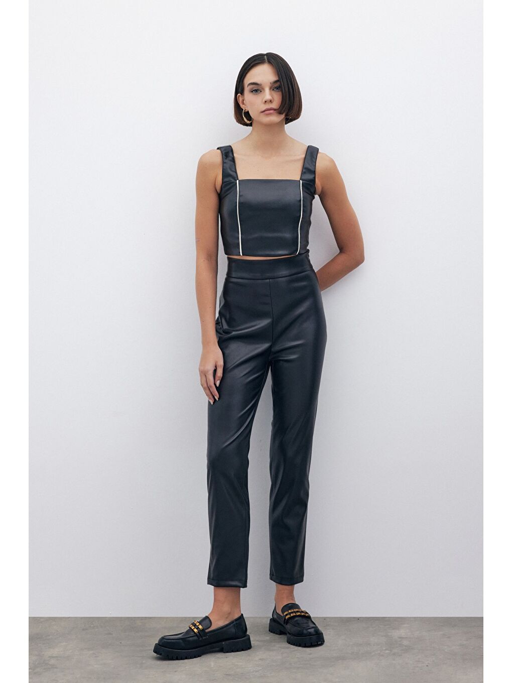 Yüksek Bel Deri Pantolon - Siyah