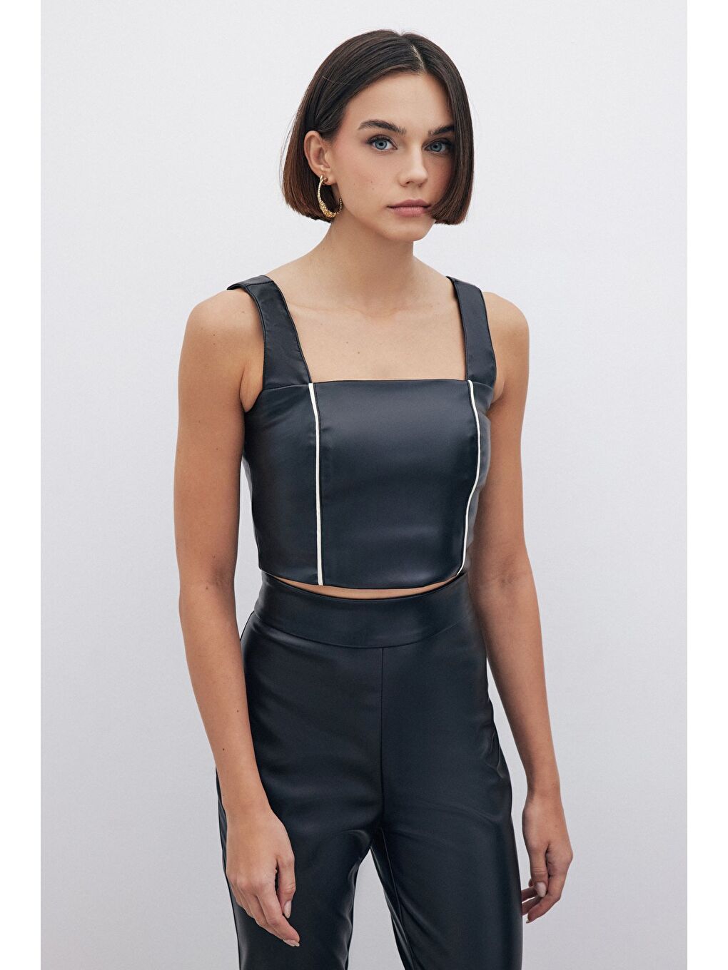 Yüksek Bel Deri Pantolon - Siyah-2