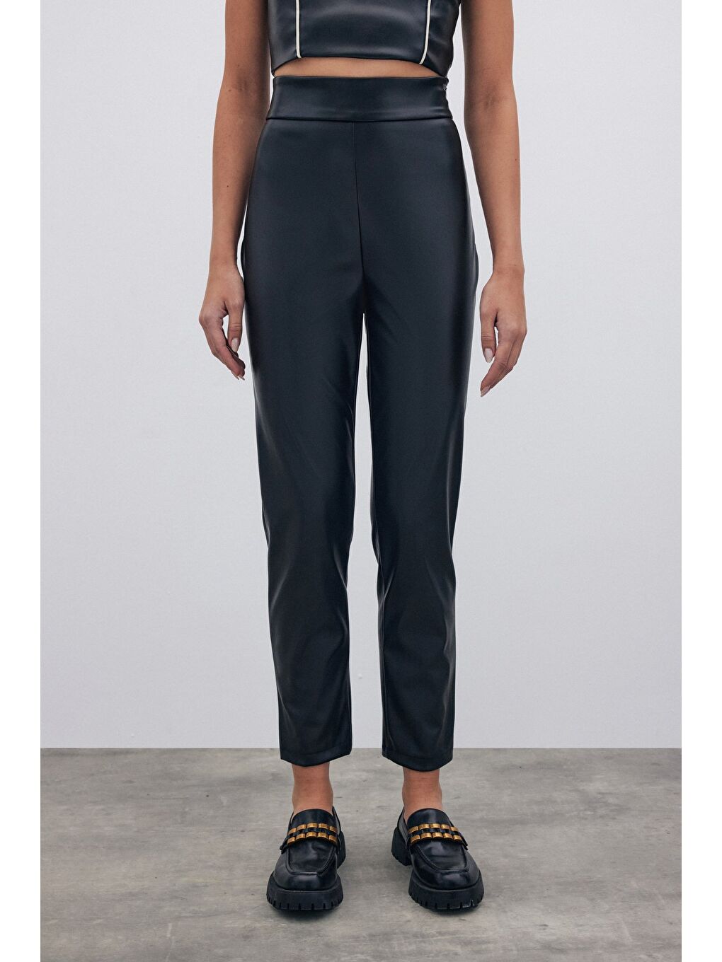 Yüksek Bel Deri Pantolon - Siyah-4