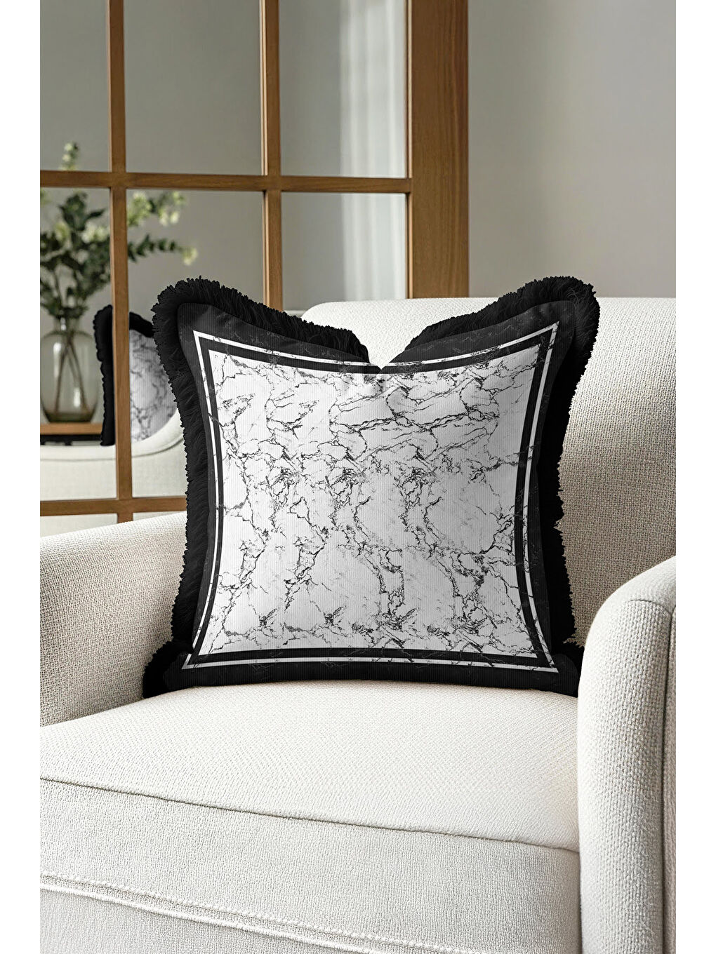 Karışık Lüks Mermer Efektli Saçaklı Yastık Kılıfı - Minimalist Modern Siyah Beyaz Püsküllü Kırlent Kılıfı-4