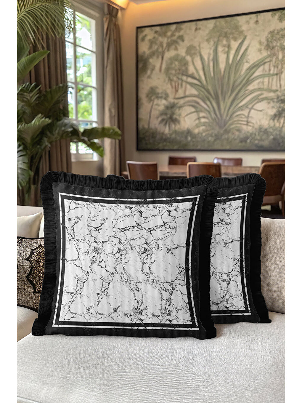 Karışık Lüks Mermer Efektli Saçaklı Yastık Kılıfı - Minimalist Modern Siyah Beyaz Püsküllü Kırlent Kılıfı-5