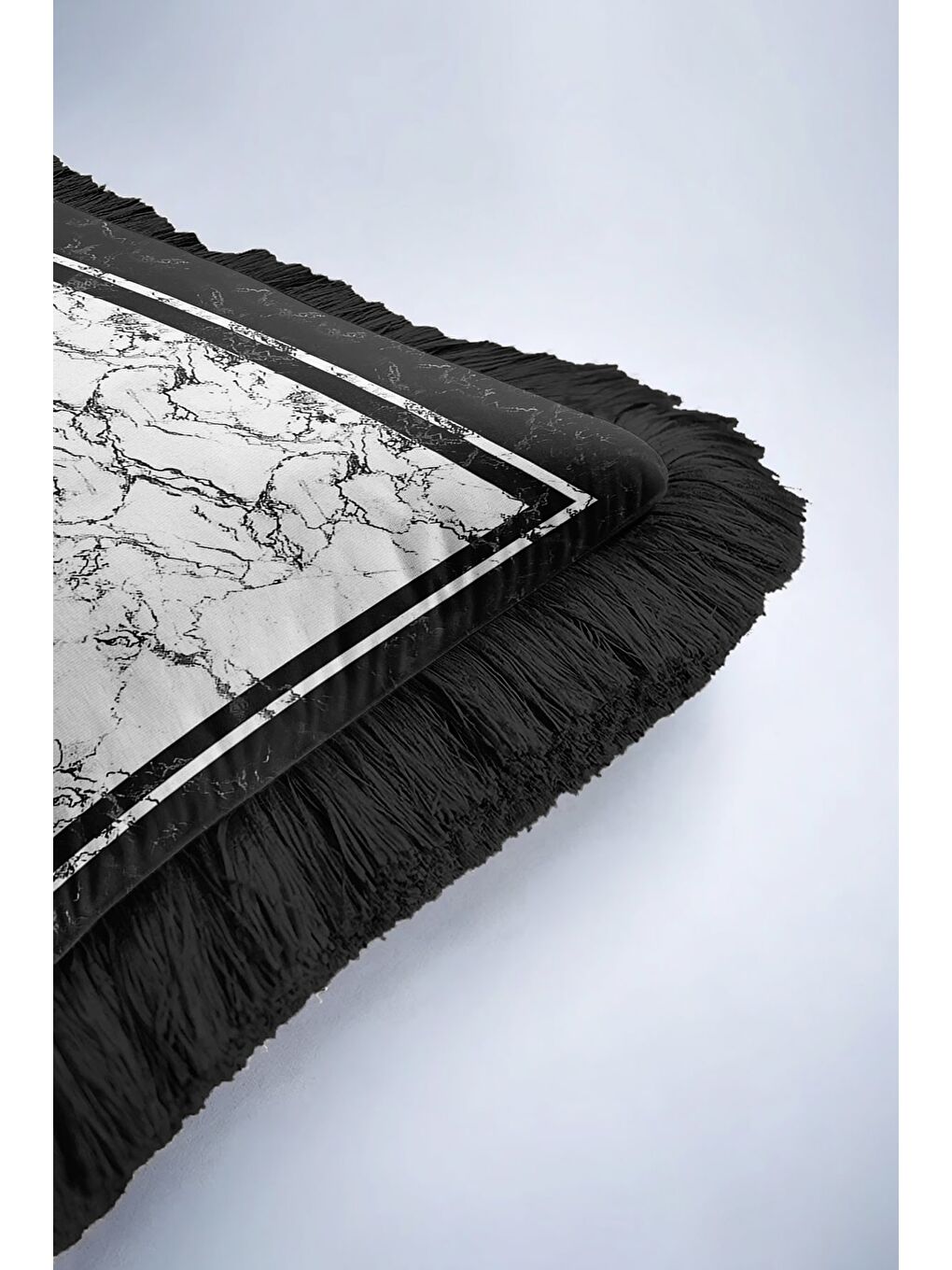 Karışık Lüks Mermer Efektli Saçaklı Yastık Kılıfı - Minimalist Modern Siyah Beyaz Püsküllü Kırlent Kılıfı-6