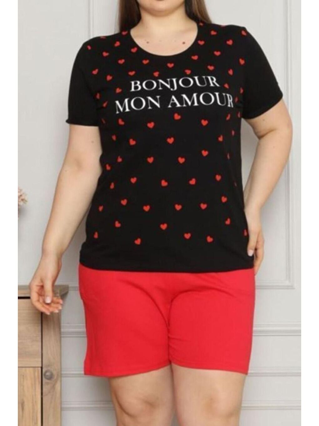 Kadın Şortlu Pijama Takımı Kısa Kollu Büyük Beden Siyah