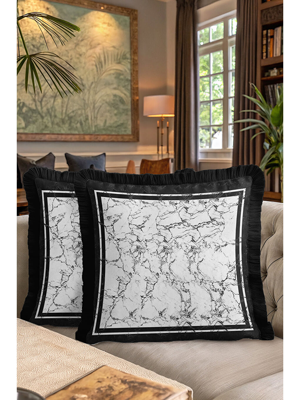 Karışık Lüks Mermer Efektli Saçaklı Yastık Kılıfı - Minimalist Modern Siyah Beyaz Püsküllü Kırlent Kılıfı-7