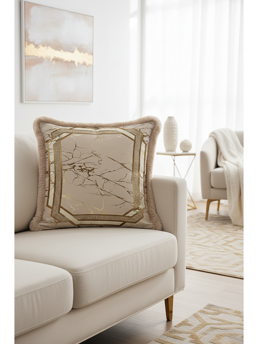 Karışık Mermer Efektli Gold Saçaklı Yastık Kılıfı - Klasik Lüks Antik Yunan Modern Püsküllü Kırlent Kılıfı-2