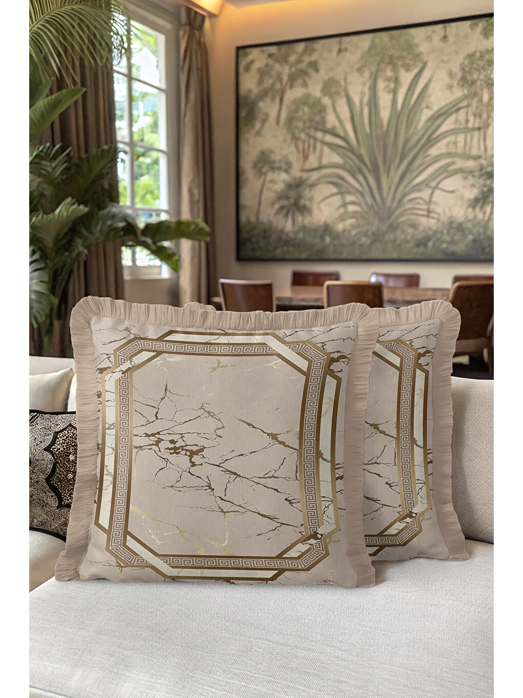 Karışık Mermer Efektli Gold Saçaklı Yastık Kılıfı - Klasik Lüks Antik Yunan Modern Püsküllü Kırlent Kılıfı-5