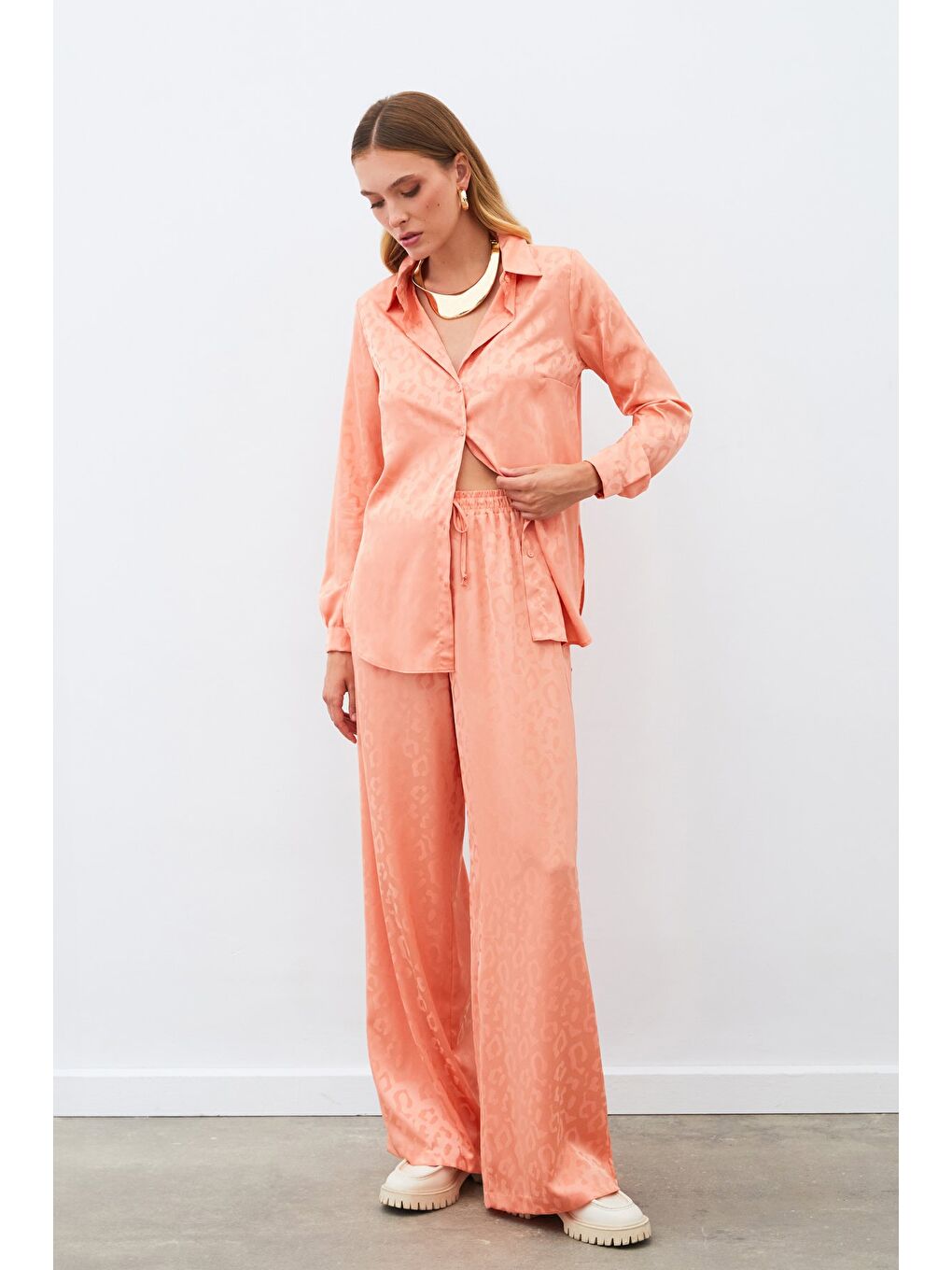 Pembe Bel Lastikli Desenli Pantolon - Somon