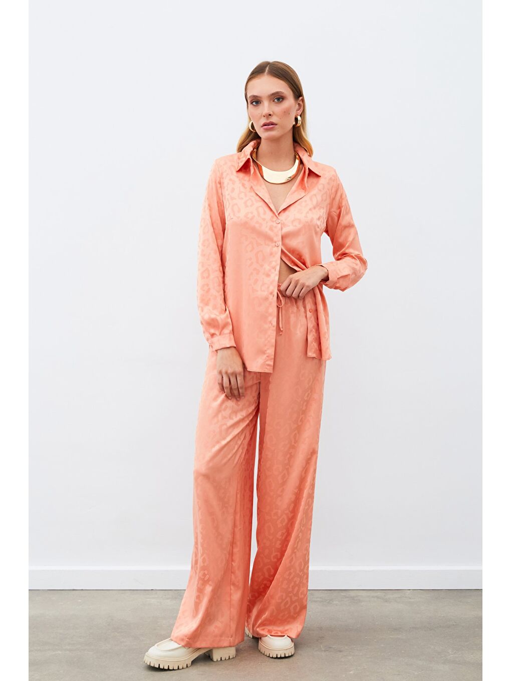 Pembe Bel Lastikli Desenli Pantolon - Somon-2