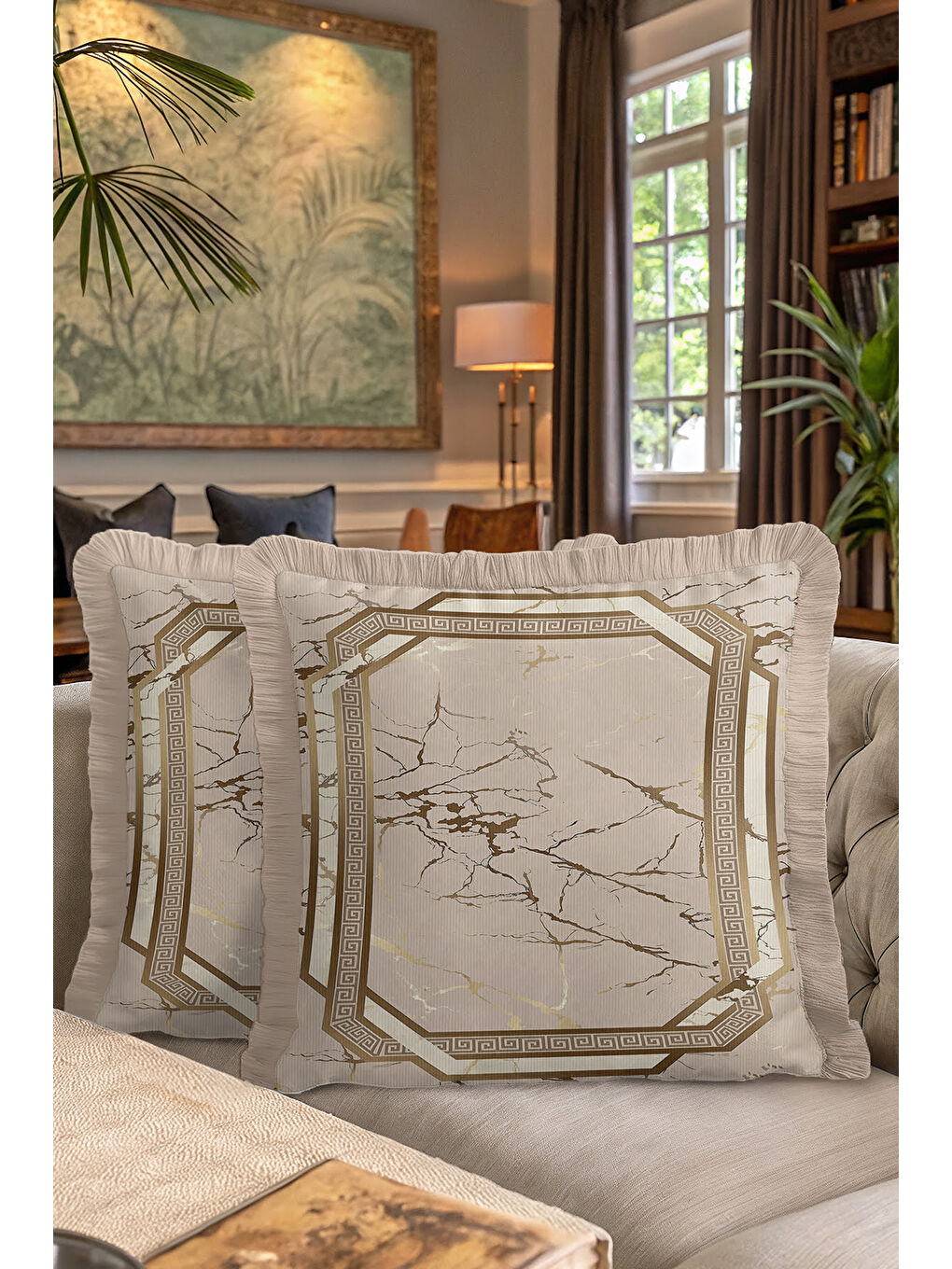Karışık Mermer Efektli Gold Saçaklı Yastık Kılıfı - Klasik Lüks Antik Yunan Modern Püsküllü Kırlent Kılıfı-7