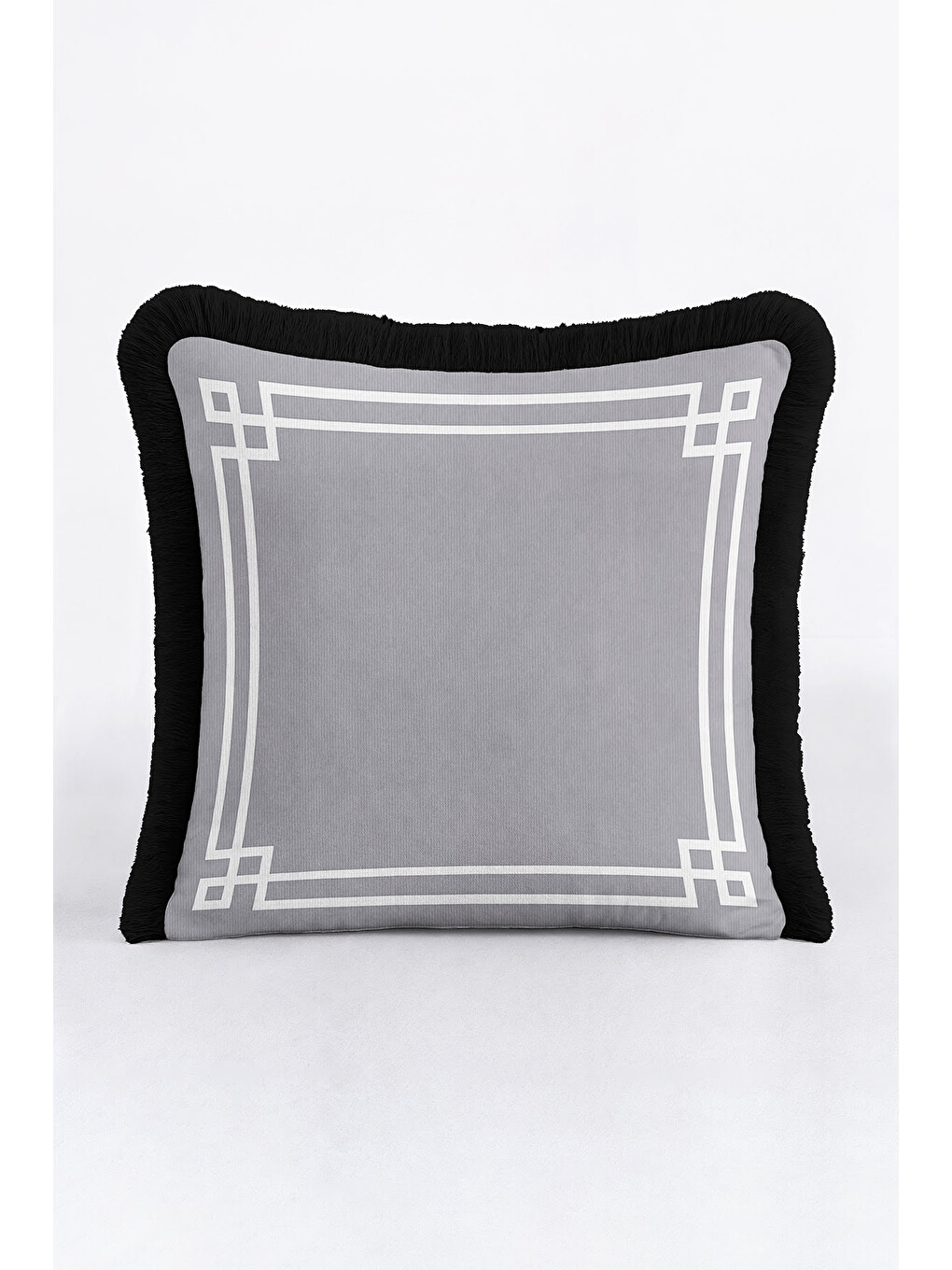 Karışık Geometrik Lüks Saçaklı Yastık Kılıfı - Art Deco Modern Gri Siyah Püsküllü Kırlent Kılıfı-1