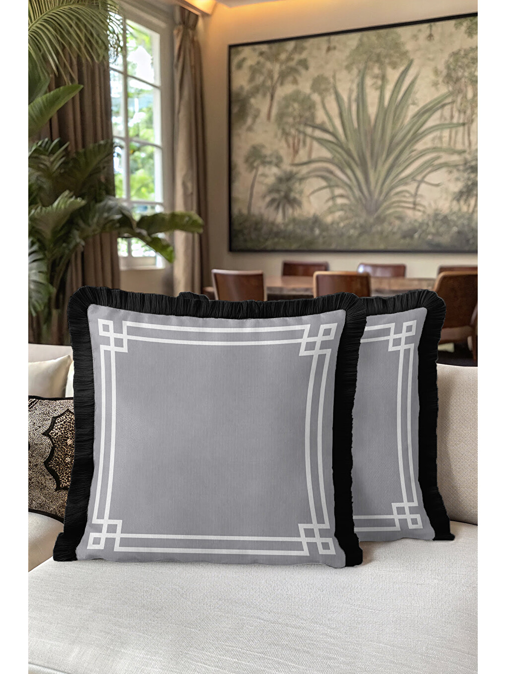 Karışık Geometrik Lüks Saçaklı Yastık Kılıfı - Art Deco Modern Gri Siyah Püsküllü Kırlent Kılıfı-5