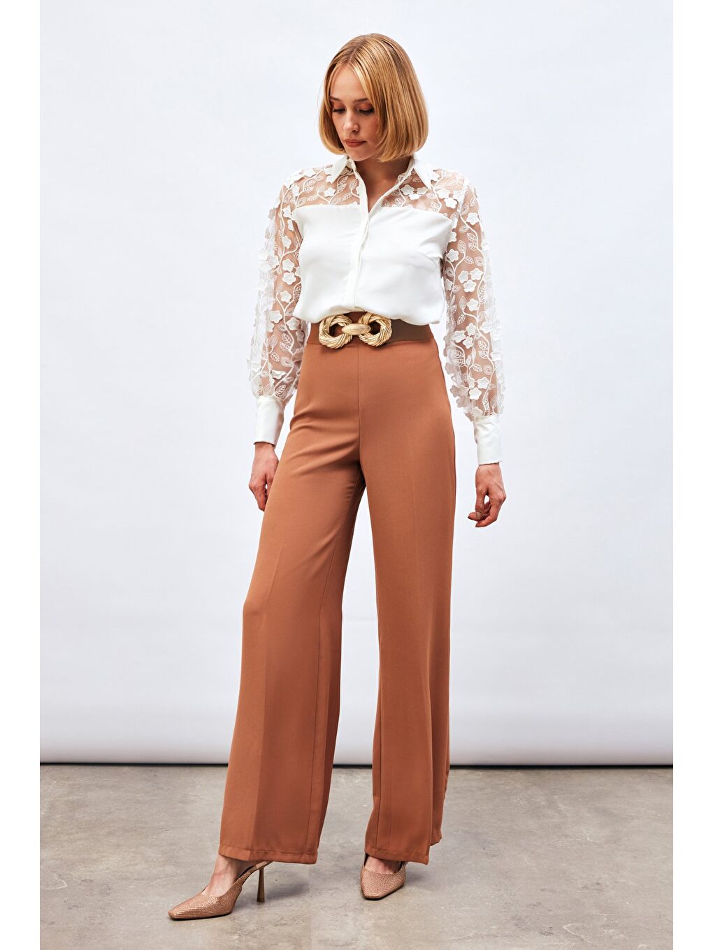 Kahverengi Salaş Krep Pantolon - Camel
