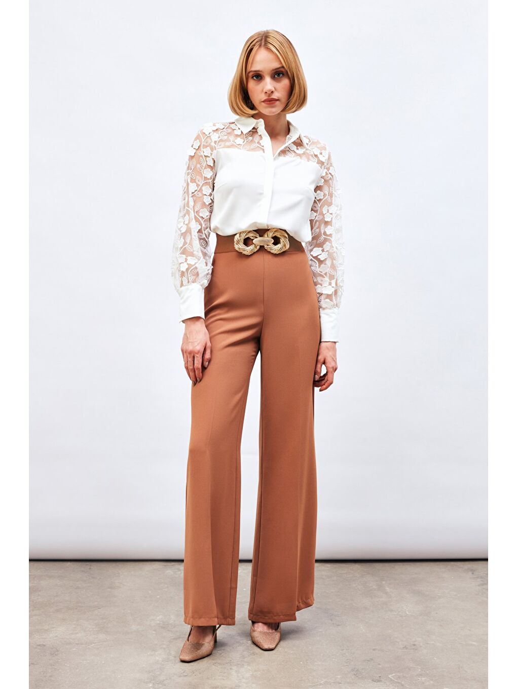 Kahverengi Salaş Krep Pantolon - Camel-1