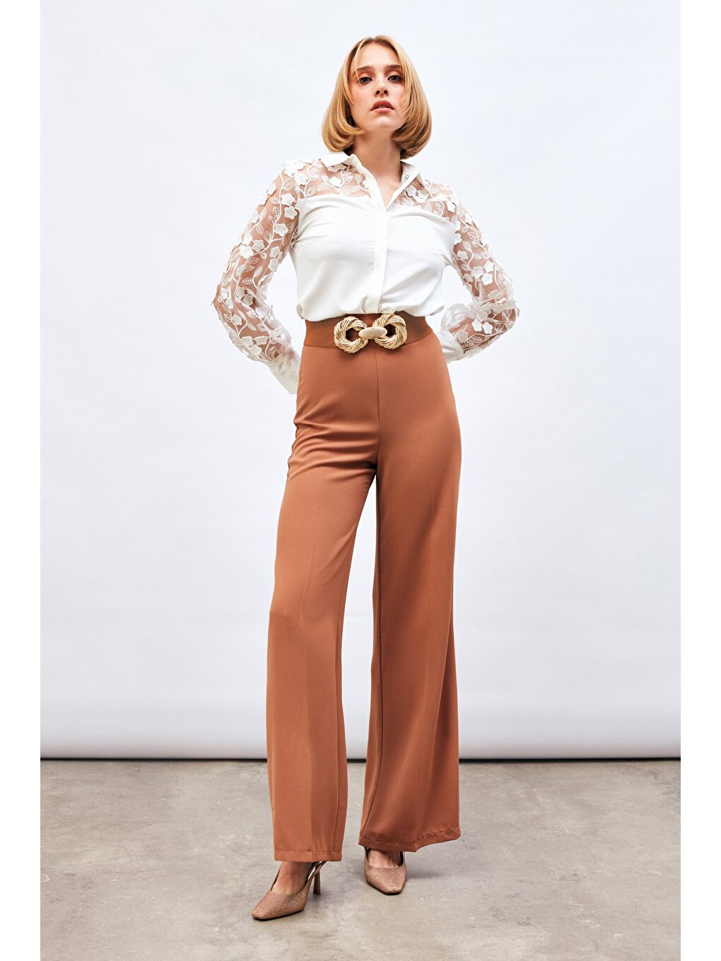 Kahverengi Salaş Krep Pantolon - Camel-2