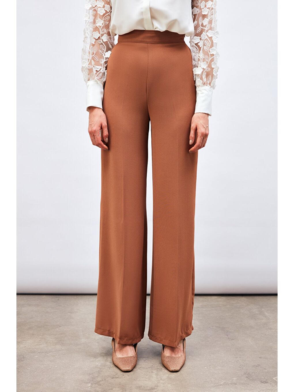 Kahverengi Salaş Krep Pantolon - Camel-3