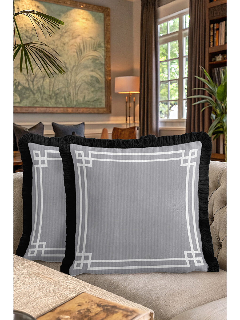 Karışık Geometrik Lüks Saçaklı Yastık Kılıfı - Art Deco Modern Gri Siyah Püsküllü Kırlent Kılıfı-7