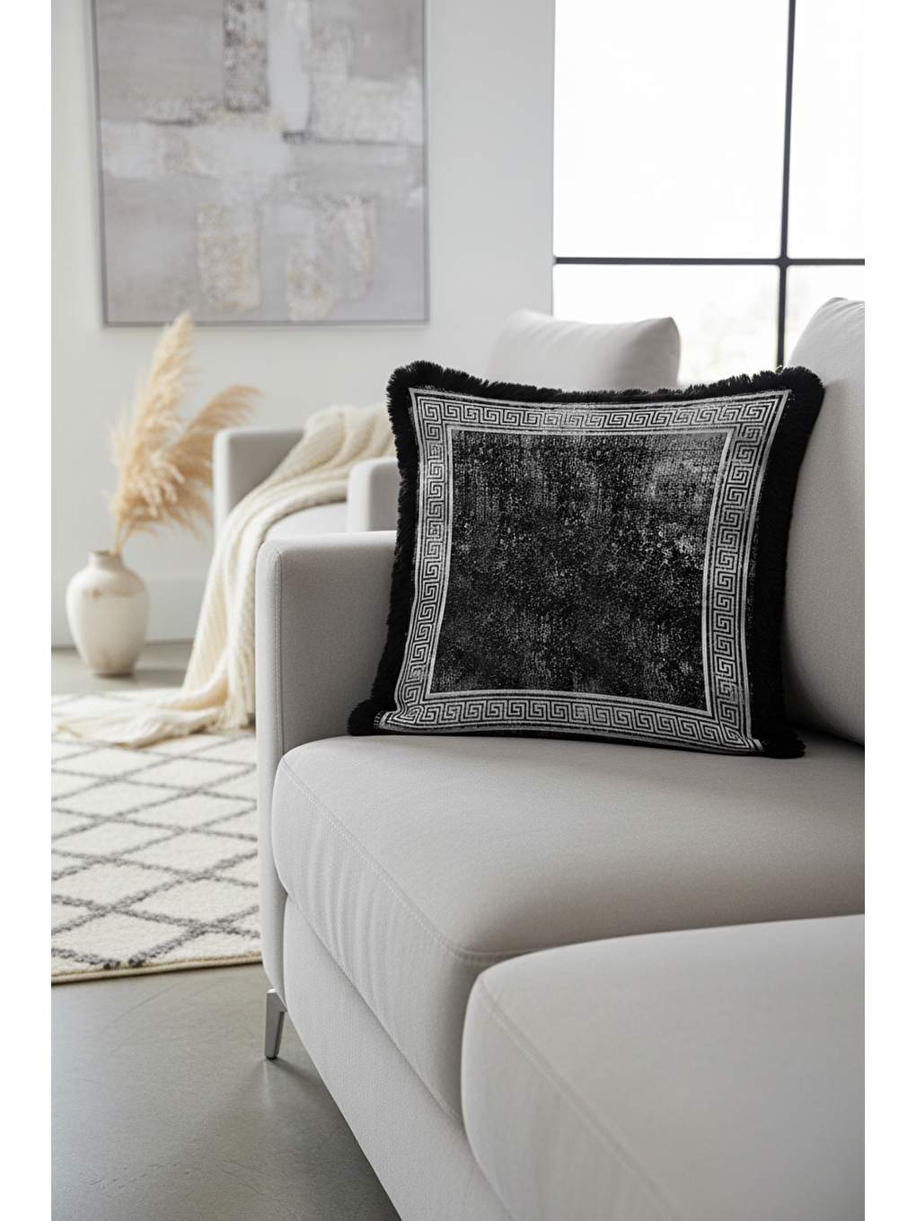 Karışık Yunan Motifli Saçaklı Yastık Kılıfı - Lüks Siyah Gri Modern Püsküllü Kırlent Kılıfı-2
