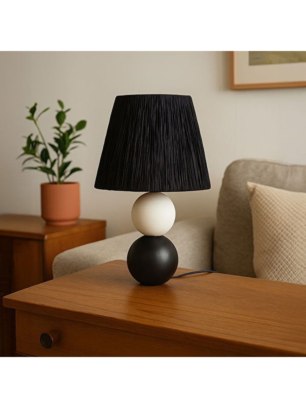 Vestri Seramik Abajur - Siyah / Beyaz - 40x40x25 cm