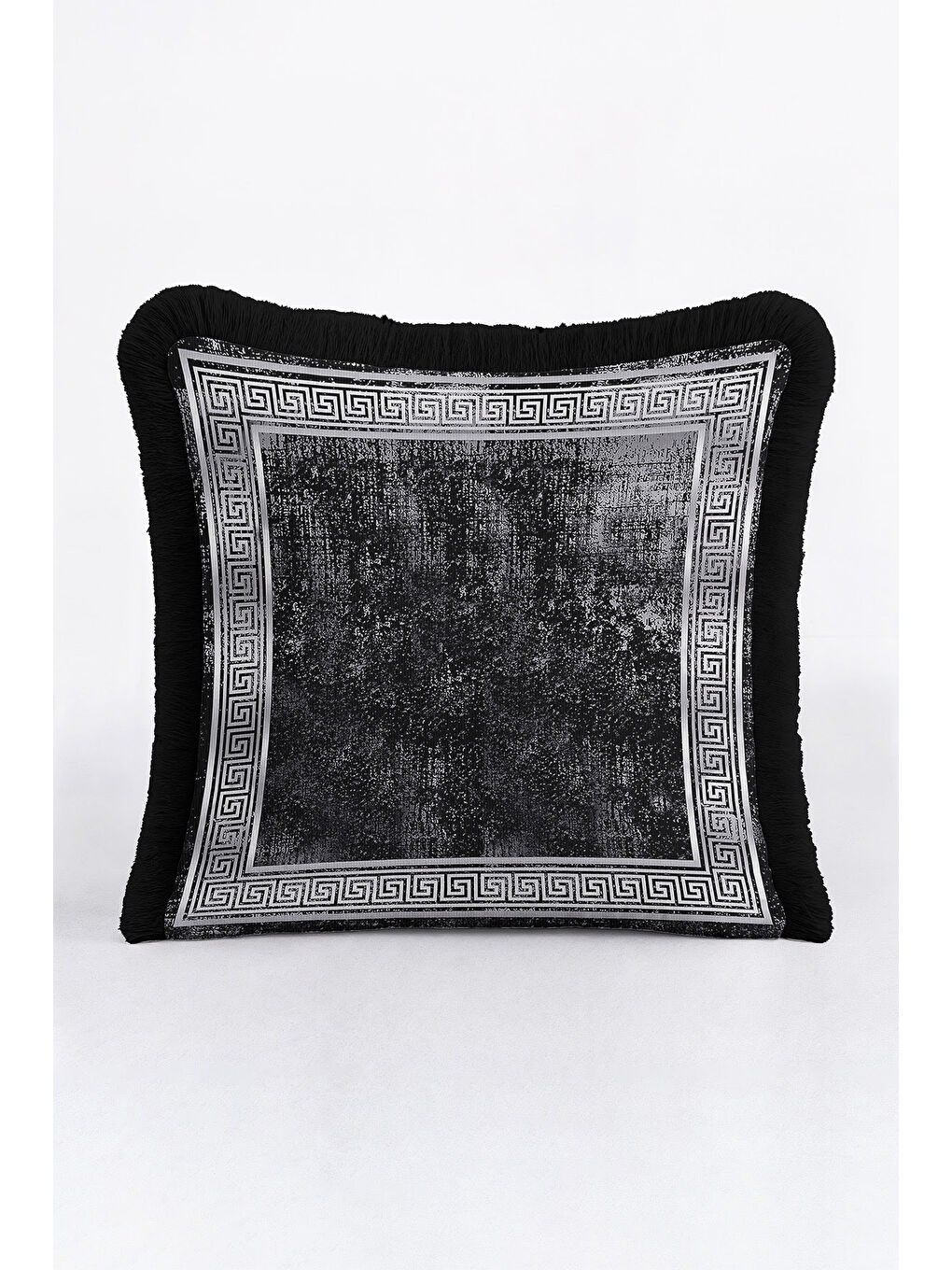Karışık Yunan Motifli Saçaklı Yastık Kılıfı - Lüks Siyah Gri Modern Püsküllü Kırlent Kılıfı-3
