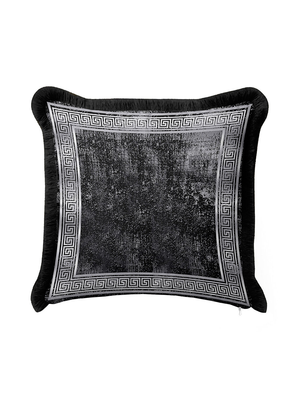 Karışık Yunan Motifli Saçaklı Yastık Kılıfı - Lüks Siyah Gri Modern Püsküllü Kırlent Kılıfı-4