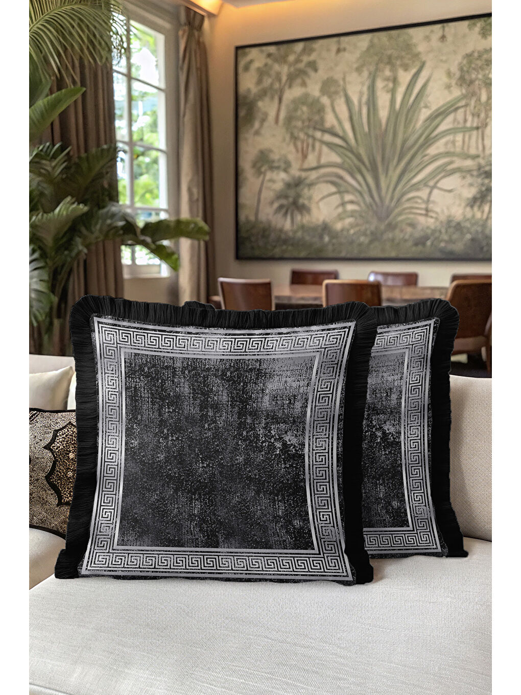 Karışık Yunan Motifli Saçaklı Yastık Kılıfı - Lüks Siyah Gri Modern Püsküllü Kırlent Kılıfı-5