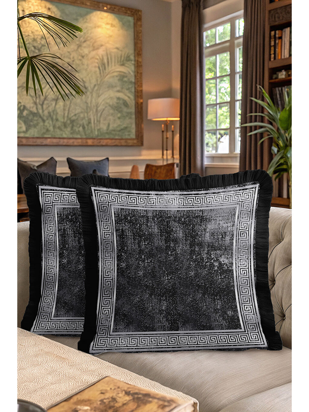 Karışık Yunan Motifli Saçaklı Yastık Kılıfı - Lüks Siyah Gri Modern Püsküllü Kırlent Kılıfı-7