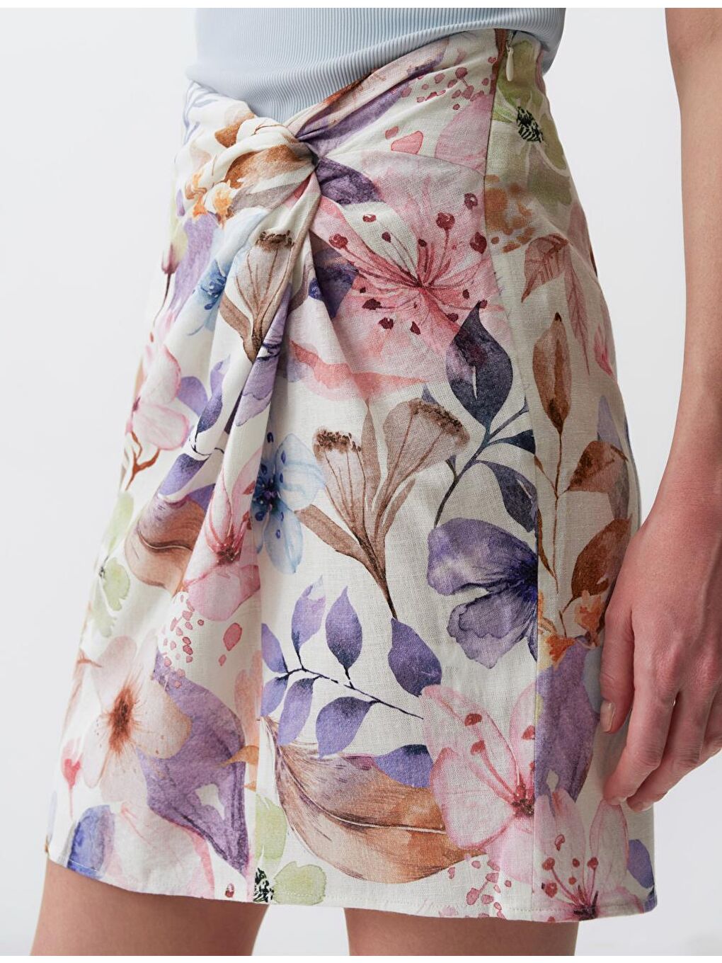 Ekru Floral Desenli Keten Mini Etek-5