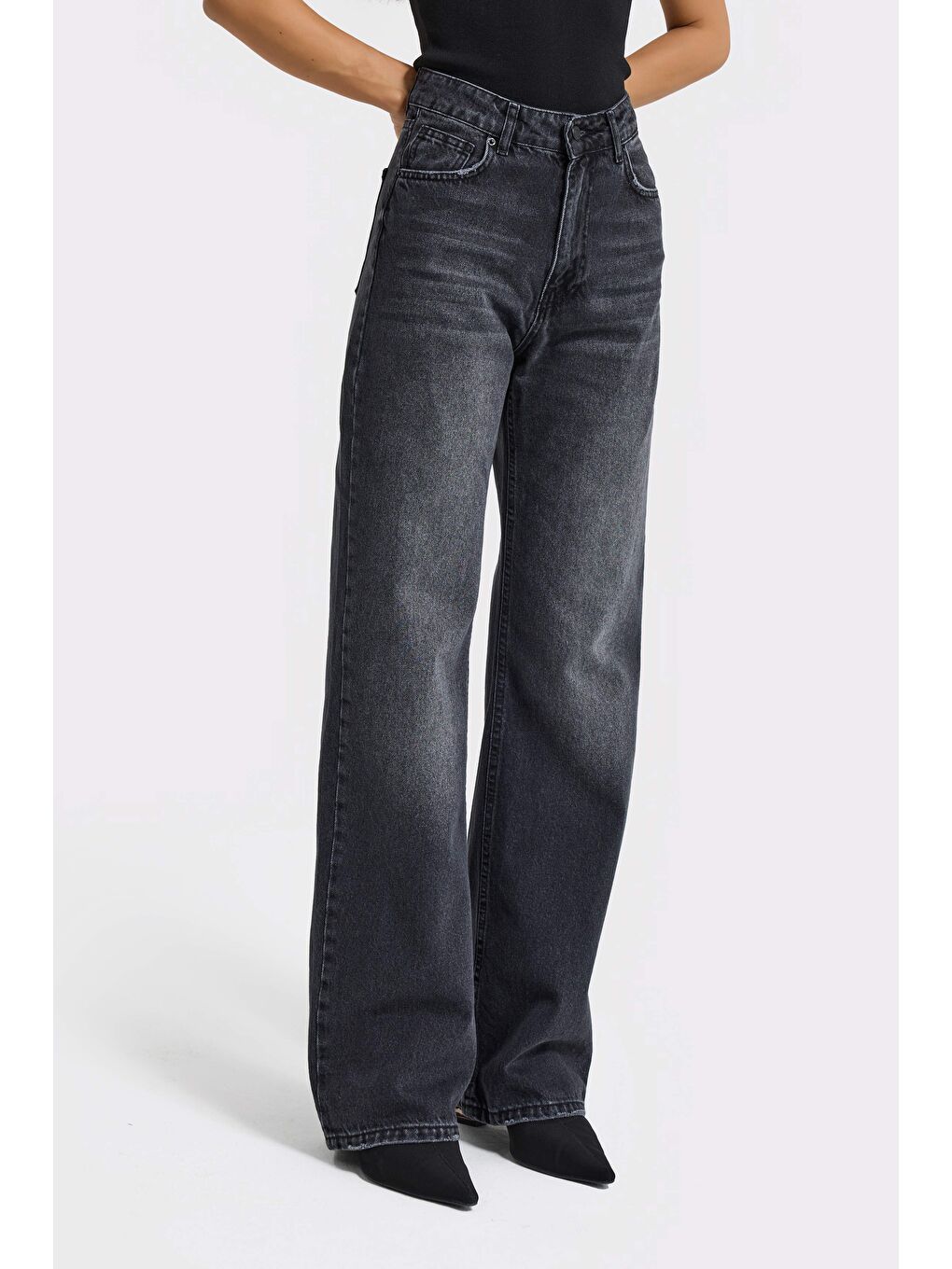 Gri Kadın Füme Renk Doris Straight Fit Yüksek Bel %100 Pamuk Denim