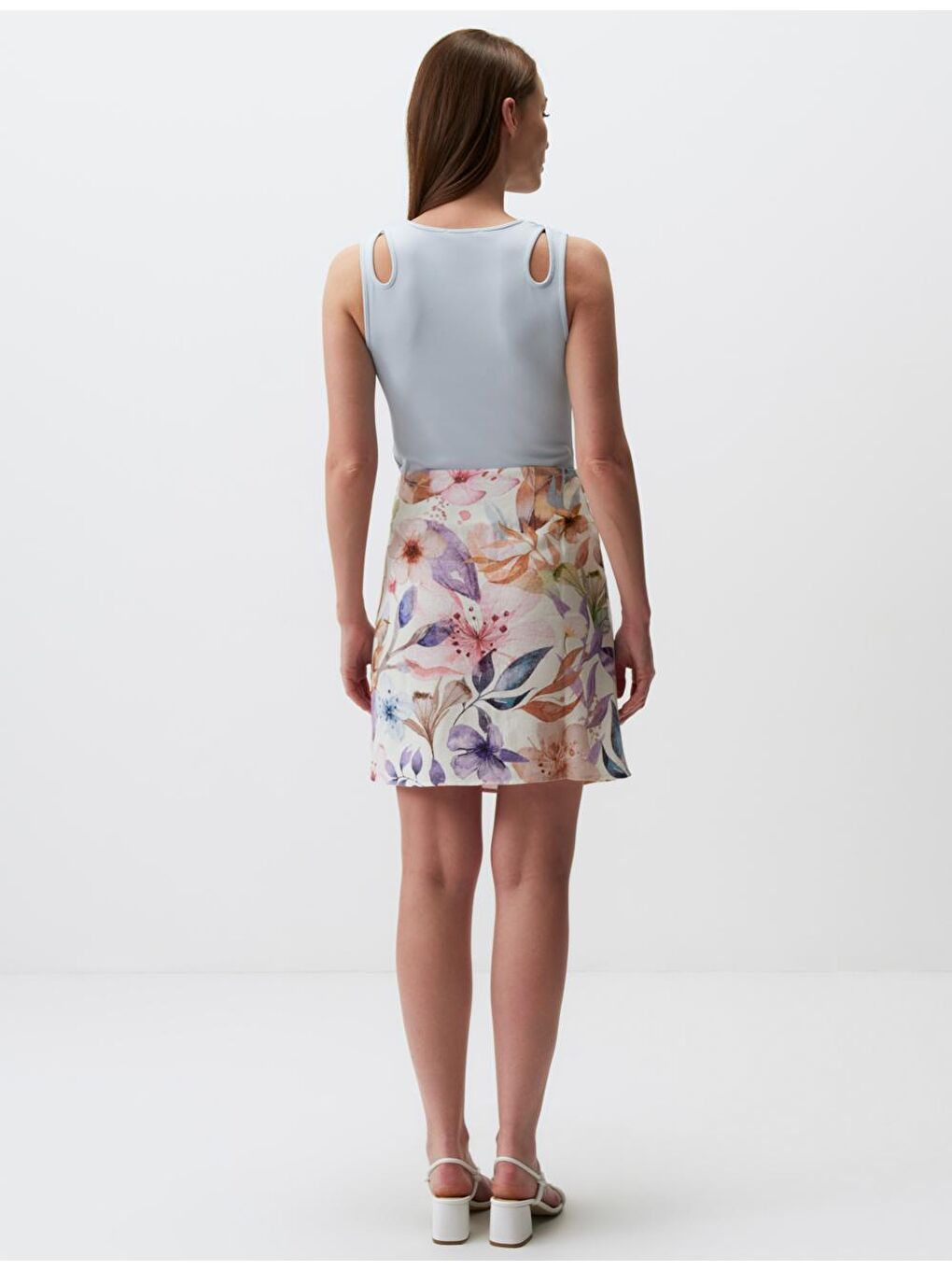 Ekru Floral Desenli Keten Mini Etek-6