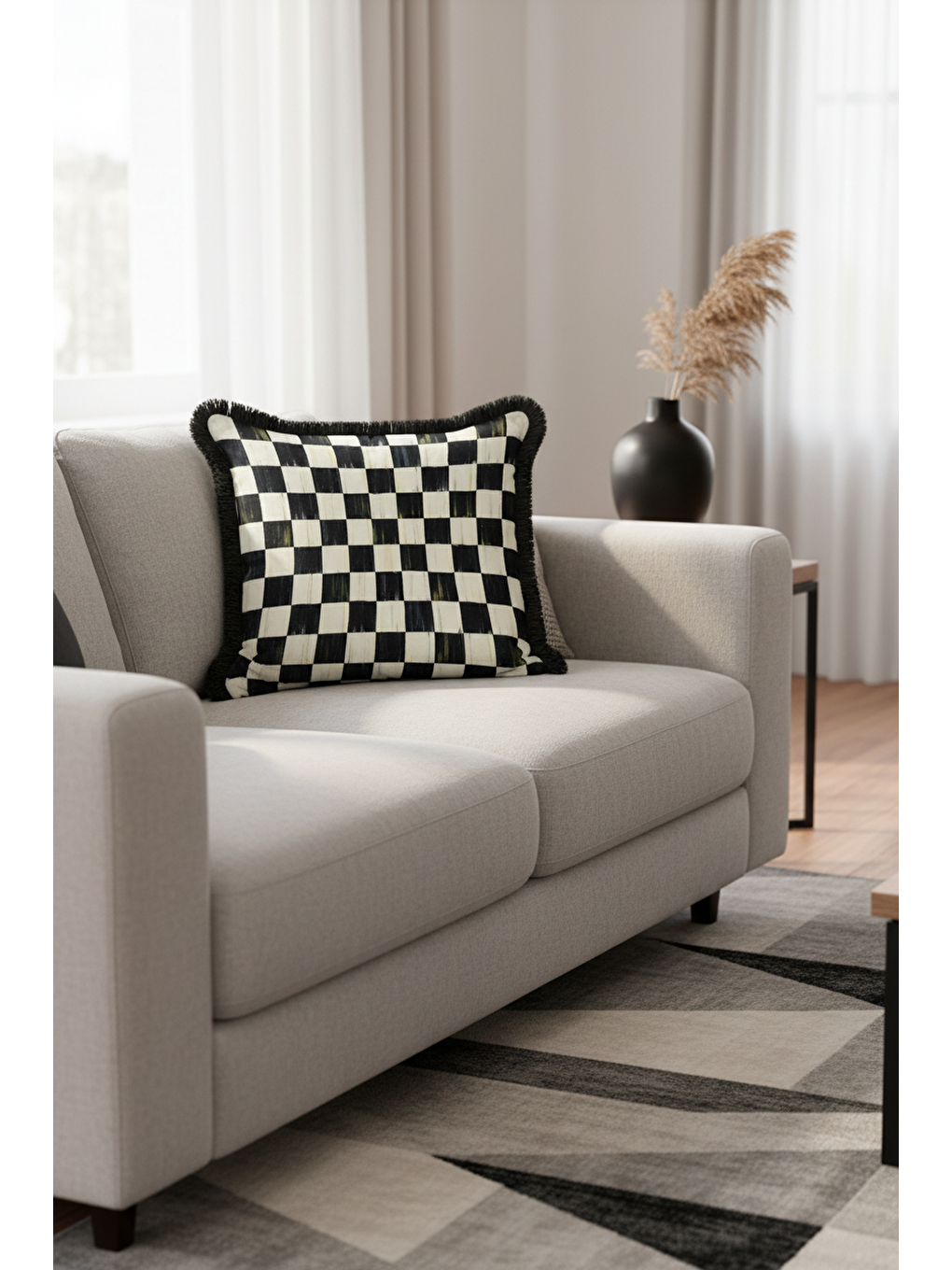 Karışık Lüks Damalı Saçaklı Yastık Kılıfı - Modern Monokrom Siyah Krem Püsküllü Kırlent Kılıfı-4