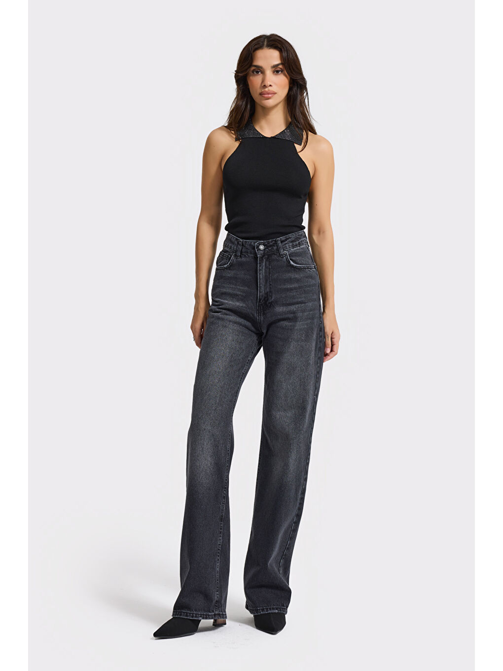 Gri Kadın Füme Renk Doris Straight Fit Yüksek Bel %100 Pamuk Denim-1