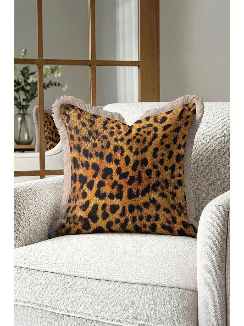 Karışık Vahşi Lüks Leopar Saçaklı Yastık Kılıfı - Asil Safari Bohem Altın Renkli Püsküllü Kırlent Kılıfı