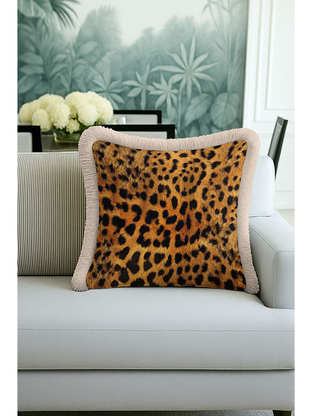 Karışık Vahşi Lüks Leopar Saçaklı Yastık Kılıfı - Asil Safari Bohem Altın Renkli Püsküllü Kırlent Kılıfı-1