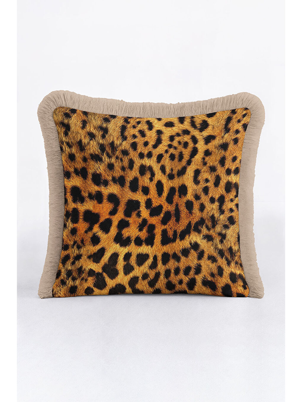 Karışık Vahşi Lüks Leopar Saçaklı Yastık Kılıfı - Asil Safari Bohem Altın Renkli Püsküllü Kırlent Kılıfı-2